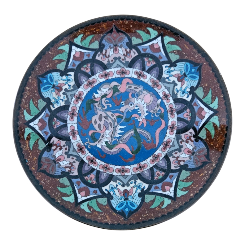 MEIJI PERIOD JAPANESE CLOISONNE ENAMEL DRAGON PLATE 19TH C GOLDSTONE 7.25 Inches